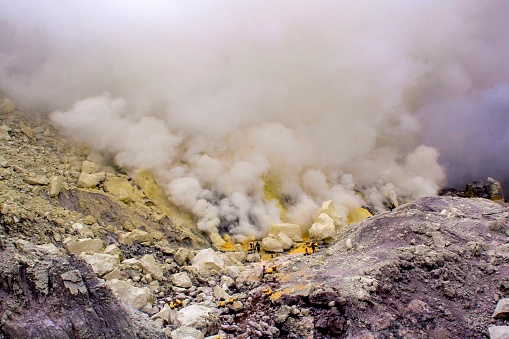Volcanic views and traditional sulfur mining are the main attraction at Ijen volcano, East Java, Indonesia.