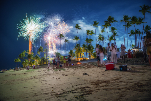 long exposure of fireworks at Guarajuba beach, Bahia-Brazil  at new years eve