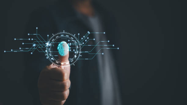 istock Businessman protecting personal data on finger print with virtual screen interfaces. Cyber security and privacy concepts to protect data. Lock icon and internet network security technology. 2032631617