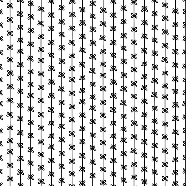 Vector illustration of Hand-drawn pattern with flowers on a strip. Black and white seamless pattern