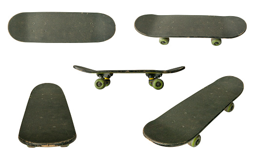 Used shortboard skate wooden deck with yellow wheels and metal trucks side, top, angle views set isolated on white