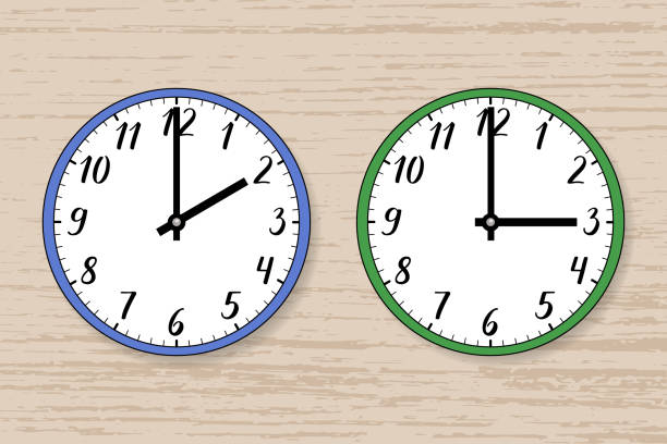 illustrations, cliparts, dessins animés et icônes de illustration de deux horloges murales sur bois. le bleu symbolise l’hiver, le vert l’été. - minute hand number 15 clock time