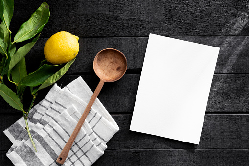 Recipe card template on black wood background