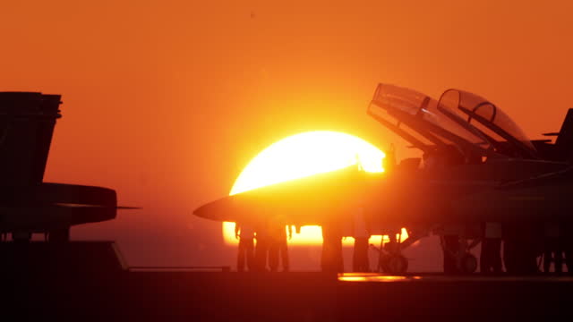 Sunset light on Ship deck runway of an aircraft carrier