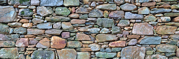 A background or texture of a grey stone masonry wall used as siding of a house. 