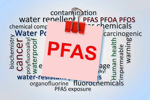 PFAS word keywords cloud concept - Dangerous Perfluoroalkyl and Polyfluoroalkyl substances used in products and materials due to their enhanced water-resistant properties