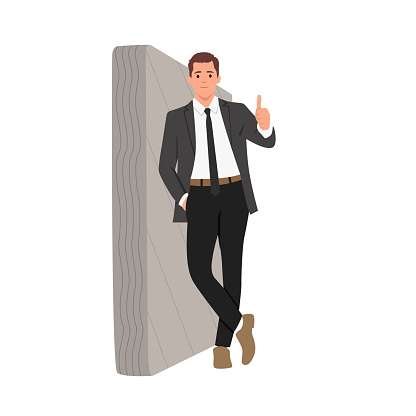 Man in a black suit and tie leaning on wall and showing thumbs up. man, suit, thumb, up, like, black, business, happy, pose, background, person, isolated, elegant, portrait, people, wall, white, sign, lifestyle, modern, corporate, businessman, number, young, adult, employee, manager, formal, tie, businessperson, studio, joy, boss, 1, best, caucasian, cheerful, confident, first, guy, joyful, leaning, looking, male, one, photogenic, showing, single, smiling, successfulFlat vector illustration isolated on white background