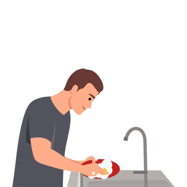 Vector illustration of Washing dishes and housework concept. Young smiling man cartoon character standing washing dishes.