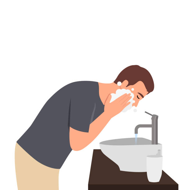 illustrations, cliparts, dessins animés et icônes de jeune homme dans la salle de bain lavage nettoyage pour le traitement du visage de l’acné dans l’évier éclaboussant de l’eau froide sur le visage. - human skin dry human face peeling
