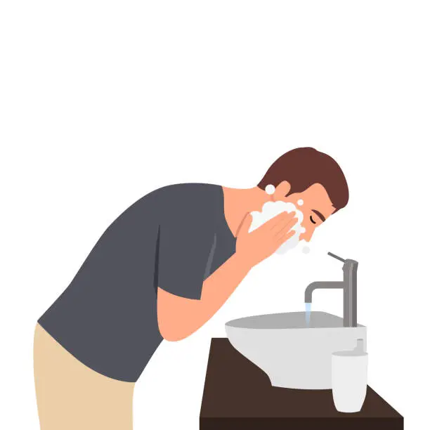 Vector illustration of Young man in bathroom washing cleansing for acne facial treatment in sink splashing cold water onto face.