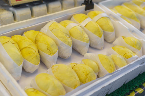Freshly peeled durian fruit, known as the 'king of fruits', packaged neatly in cling film and displayed for sale