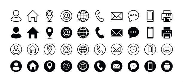 zestaw ikon informacji kontaktowych wizytówki. zawiera imię i nazwisko, adres, lokalizację, pocztę, e-mail, e-mail, dymek czatu, stronę internetową, telefon, telefon komórkowy, faks do aplikacji i strony internetowej. ilustracja wektorowa - symbol stock illustrations