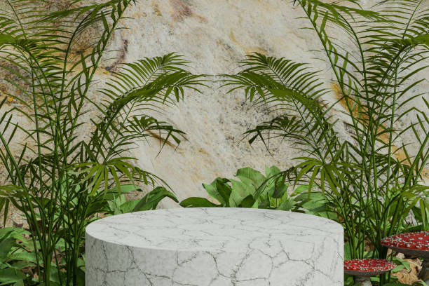 istock Circle marble podium with palm leaves 2032721614