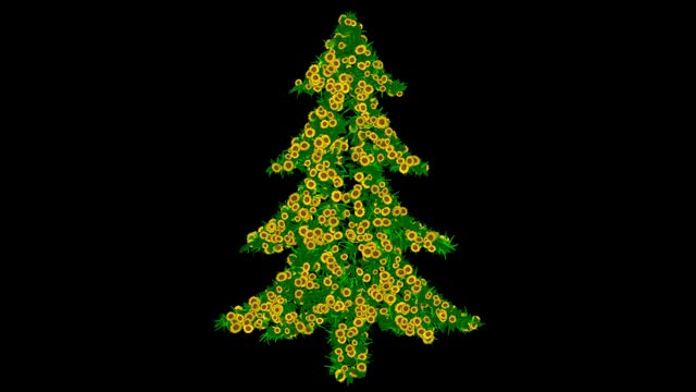 Christmas tree with yellow daisy flowers on plain black background