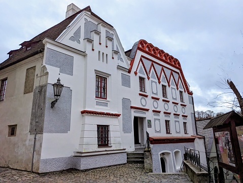 Cesky Krumlov, Czech Republic – February 11, 2024: The House in Cesky Krumlov, Czech Republic currently hosting Basic Art School
