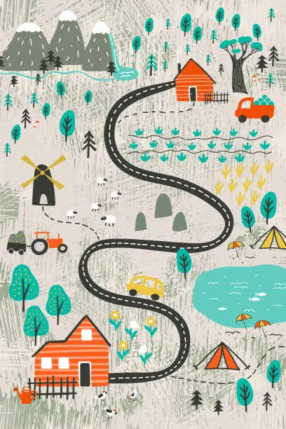 Vector illustration of Funny hiking map with agricultural landscape