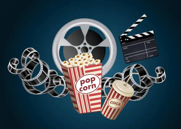 Vector illustration of movie film reel and popcorn