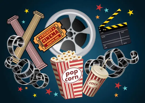 Vector illustration of movie film reel and popcorn