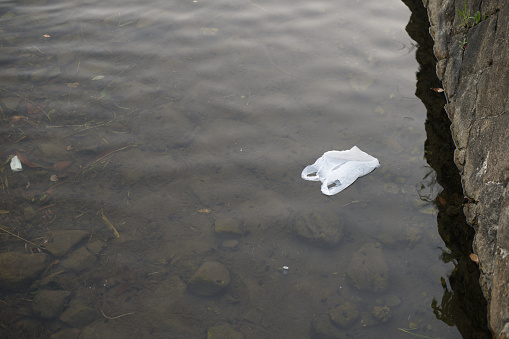 A plastic bag was thrown away in a river.