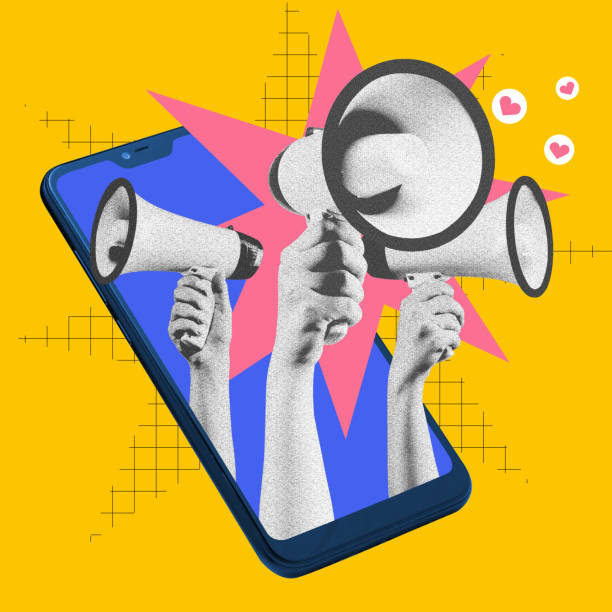 istock Hands with three megaphones stacking out phone screen symbolizing importance and relevance of usage social media for bran promotion. Contemporary art collage. 2032770776