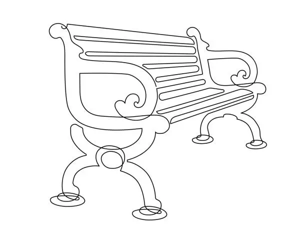Vector illustration of Wooden bench for garden and park. A place to relax in nature. Continuous line drawing. Vector illustration.