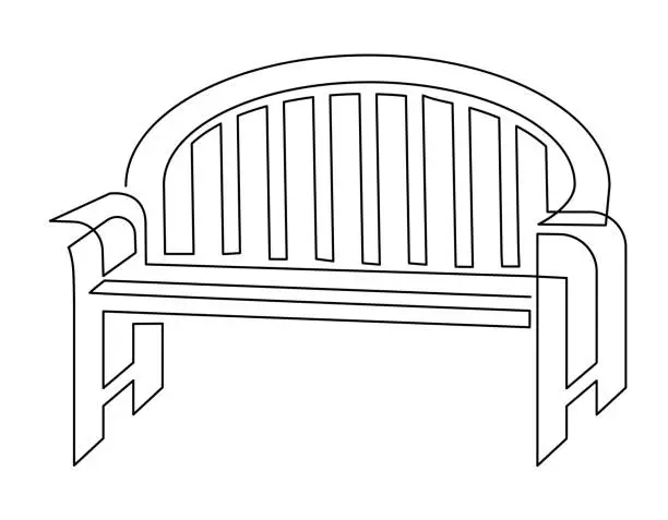 Vector illustration of Wooden bench for garden and park. A place to relax in nature. Continuous line drawing. Vector illustration.