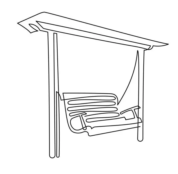 Vector illustration of Wooden swing bench for garden and park. A place to relax in nature. Continuous line drawing. Vector illustration.