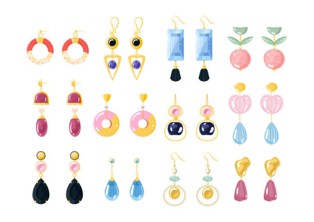 Earrings jewelry accessories vector set on white background. Gold and diamond pearl glass gemstones pendant jewel vector illustration. Flat vector style illustration Earrings jewelry accessories vector set on white background. Gold and diamond pearl glass gemstones pendant jewel vector illustration. Vector Flat style illustration hoops wedding stock illustrations