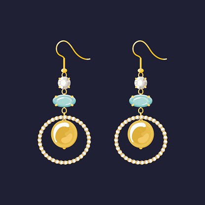 Long gold dangle earrings with sapphire, diamond and pearl isolated on dark background. Modern Trendy Women Accessories jewelry Vector flat illustration