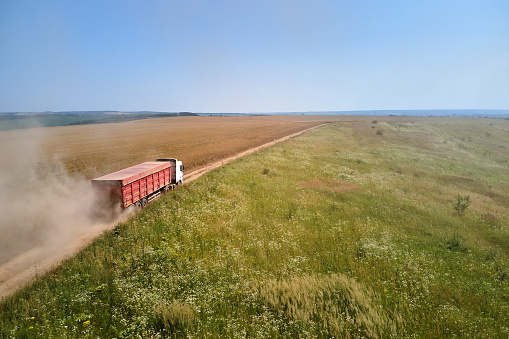 Aerial view of lorry cargo truck driving on dirt road between agricultural wheat fields. Transportation of grain after being harvested by combine harvester during harvesting season.