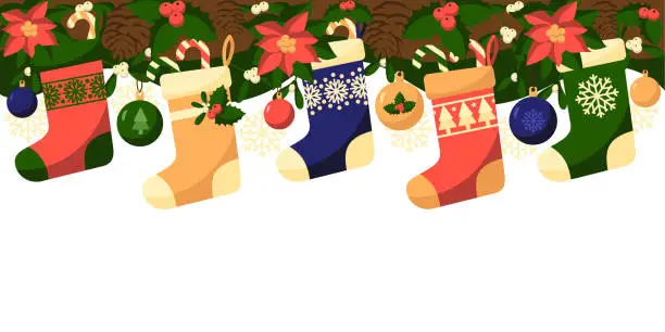 Vector illustration of Winter holiday background. Banner with Christmas socks