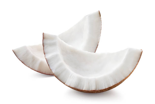 istock Two fresh ripe coconut pieces on white background 2032800856