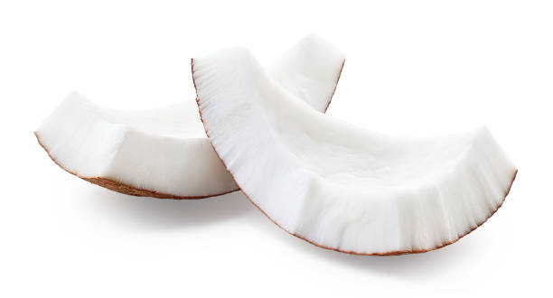 istock Two fresh ripe coconut pieces on white background 2032801364