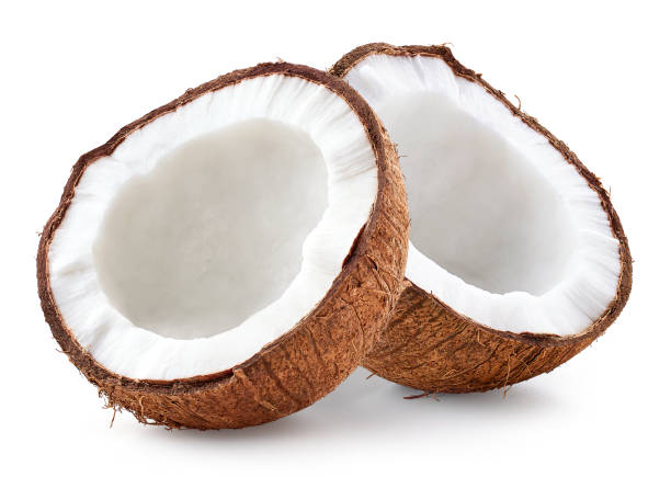 istock Two fresh ripe coconut halves on white background 2032801897