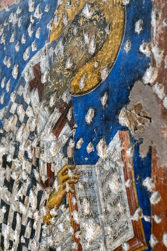 interior of a Greek church, broken-down Christian fresco