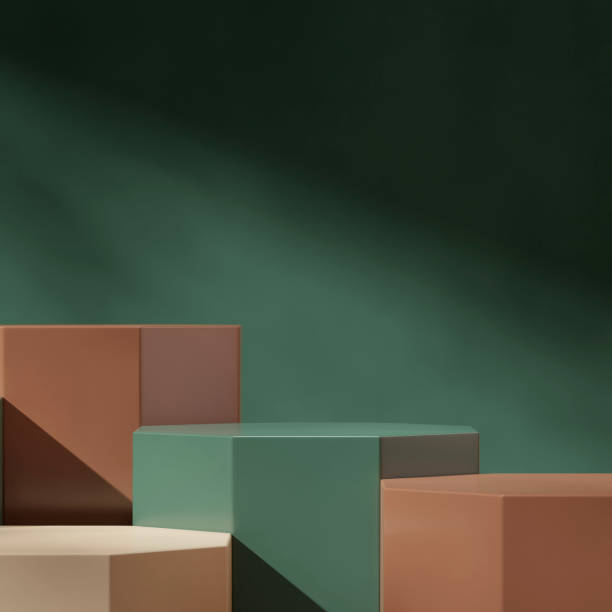 istock blank mockup hexagon green brown podium in square dark color wall, 3d render 2032830391