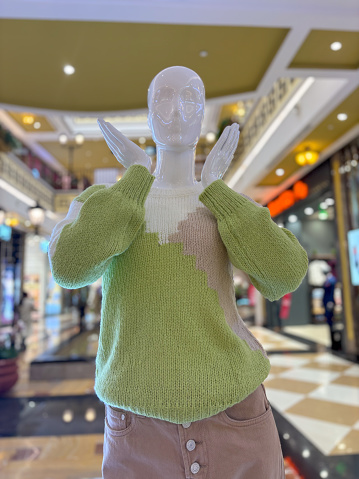 A mannequin is displayed wearing a matching green sweater and skirt. The outfit is neatly styled on the mannequin, showcasing the clothing items.