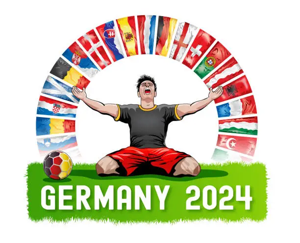 Vector illustration of German soccer player celebrating sitting on the gras with national flags of Europe
