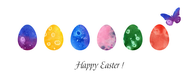 Set of watercolor easter eggs. Different colorful eggs. Set of Easter eggs with different textures on a white background. Spring holiday.