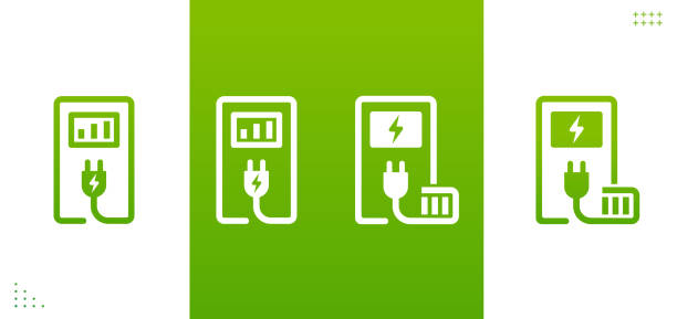 v-ladestation. ladestation. umweltfreundliche energie. nachhaltige grüne energie. vektor-illustration. - recharger stock-grafiken, -clipart, -cartoons und -symbole