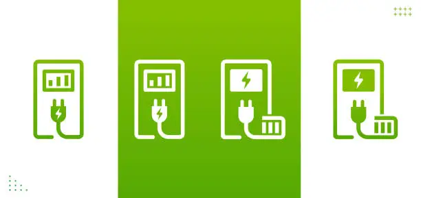 Vector illustration of V charge station. Recharger station. Friendly eco energy. Sustainable green energy. Vector illustration.