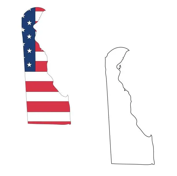 Vector illustration of Delaware. Outline of the map state with flag