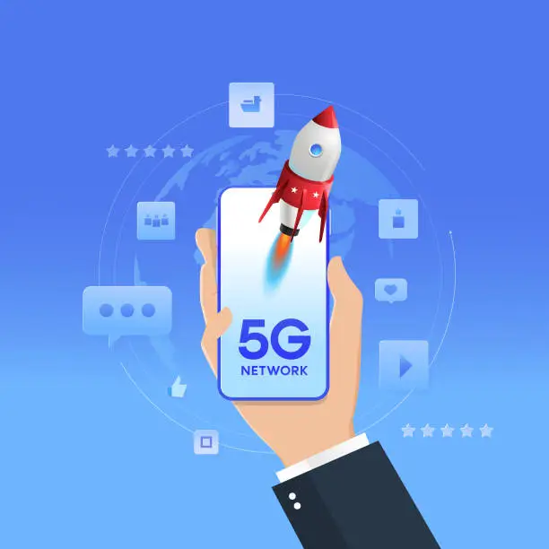 Vector illustration of Hand-held mobile with super fast 5g network with rocket and all social media icons