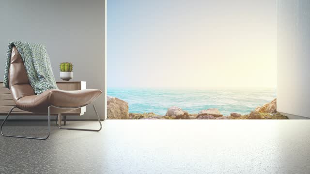 Lounge chair on concrete floor in modern beach house or hotel.