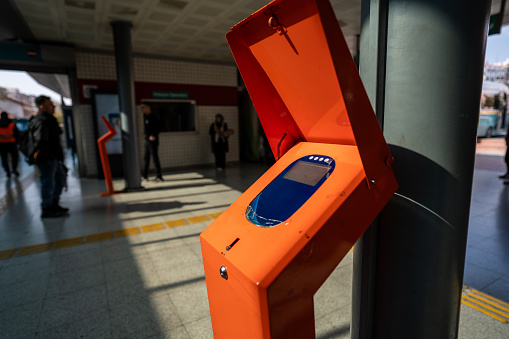 ticket kiosk is in subway station horizontal transportation still