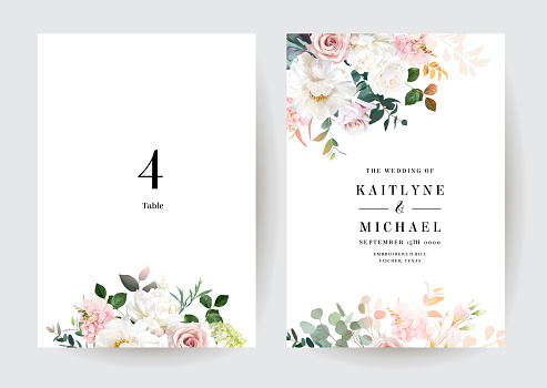 Light pink rose, white peony, magnolia, blush ranunculus, eucalyptus, greenery, fern vector design frames. Wedding seasonal flower cards. Floral watercolor banner compositions. Isolated and editable