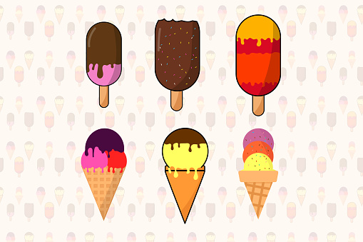 cartoon illustrations of various kinds of cold, sweet and delicious ice cream