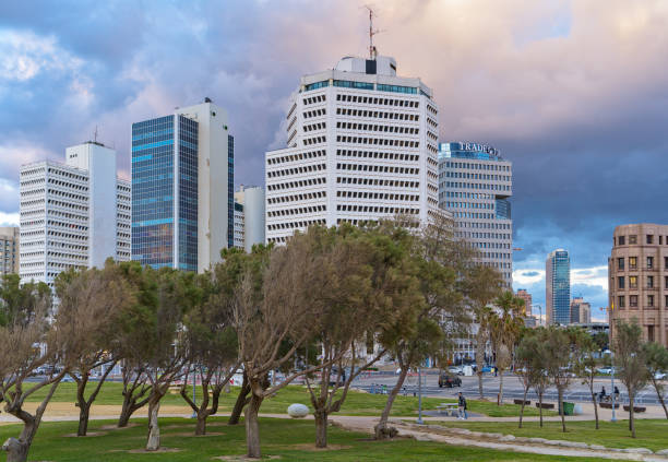Tel Aviv Israel 03/31/2023 Luxury office buildings on the promenade against a cloudy sky