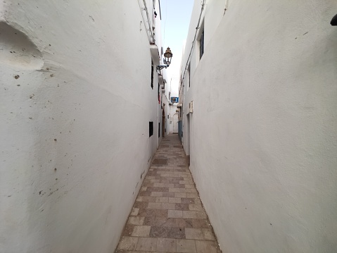 The Kasbah of the Udayas is a kasbah (citadel) in Rabat, Morocco, located on a hill at the mouth of the Bou Regreg opposite Salé, and adjacent to the Medina quarter of Rabat - UNESCO World Heritage Site.\n\nPhoto depicts a Street (Rue Bazou) inside the kasbah.