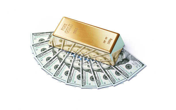 istock 100 Dollar Bill Fan Shaped Stack and Gold Bar, Clipping path 2033029703